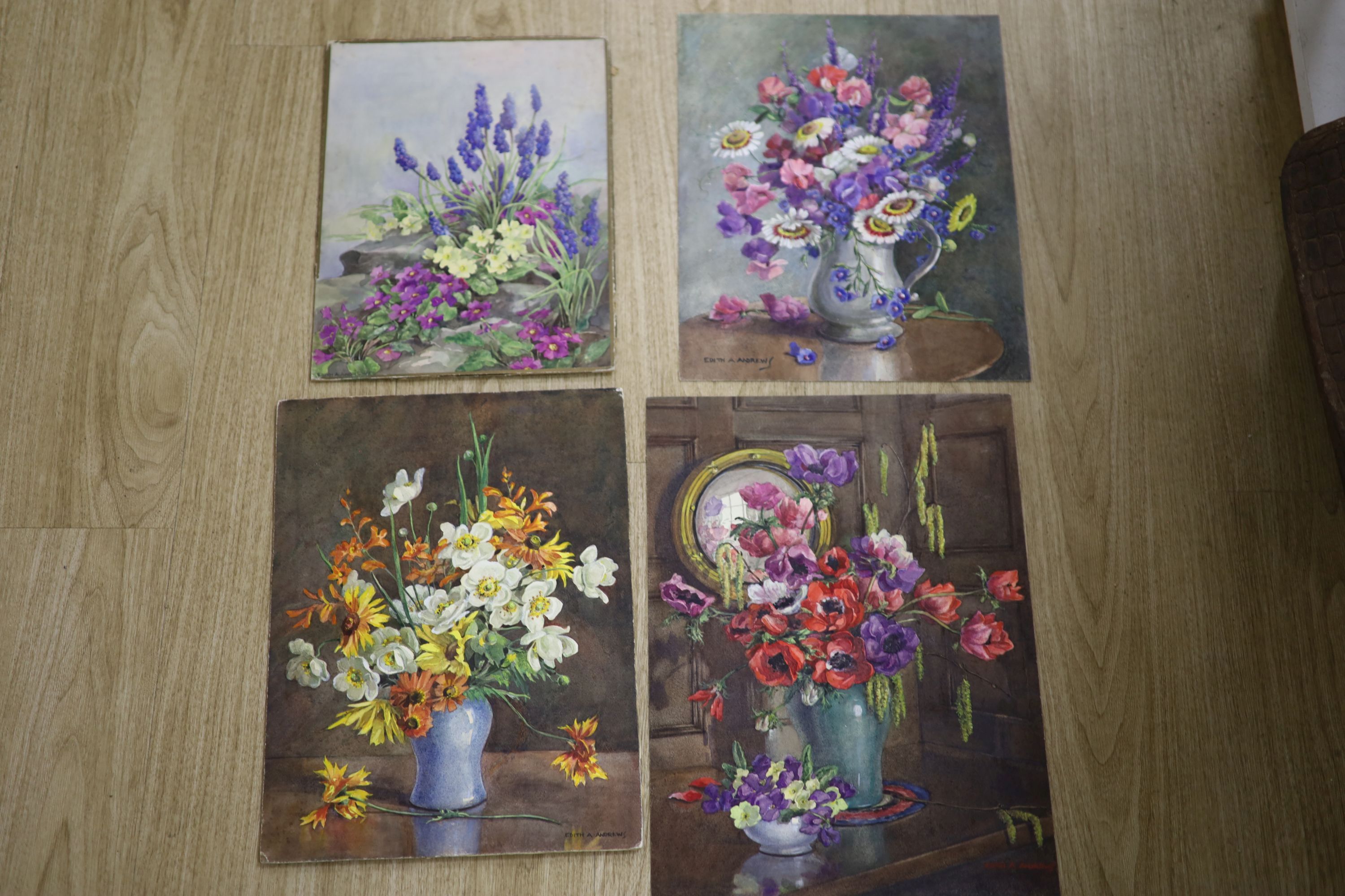 Edith Alice Andrews (1873-1958), 'In the Rock Garden' and three still life watercolours of flowers 44 x 32cm (largest)